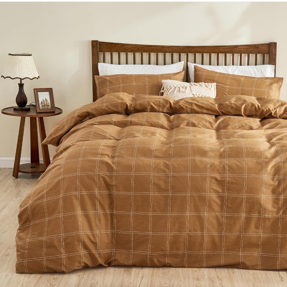 JELLYMONI 100% Natural Cotton Full Duvet Cover Set, 3pcs Plaid Duvet Cover Sets